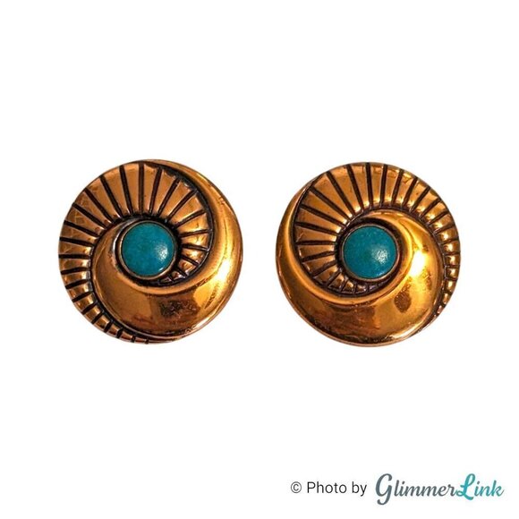 Vintage Round Swirl Copper Faux Turquoise Silver Tone Screw Back Earrings - Picture 1 of 8